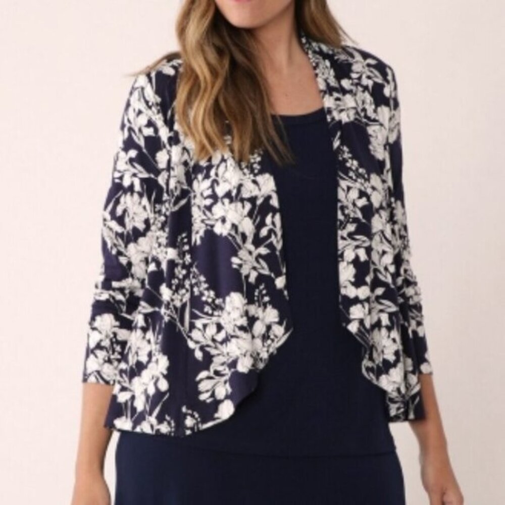 New Kim & Co. Navy Blue White Floral Lightweight Cardigan Size XS bin 1K